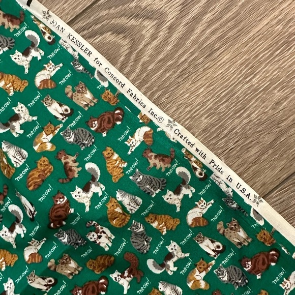 VTG Joan Kessler by Concord meow cat fabric  cotton green made in the USA - Picture 4 of 4